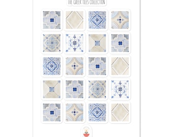 Greek tiles sticker sheet, 20 square stickers 1" size each, Mediterranean, Blue & white stickers, Watercolor tiles, Spanish tiles, Morrocan,
