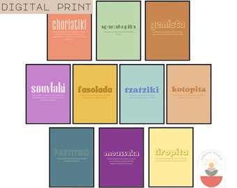 Greek traditional food set of 10 prints, Greek art printable, Retro Typography, Groovy fonts, Colorful, Instant Download