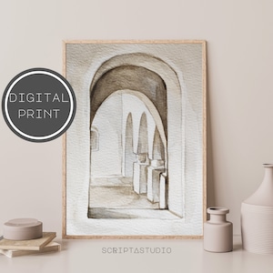 Watercolor painting print, Architecture art print, Landscape poster, Modern wall art, Neutral wall decor, Beige drawing 002