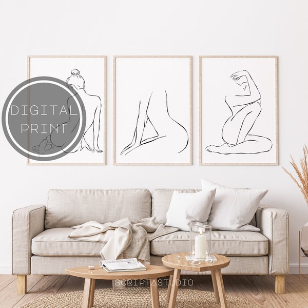 Female Line Art ,Set of 3, Nude line drawing, Female nudity, Line art woman, Sensual bedroom art, Minimalist wall art, Simple line art