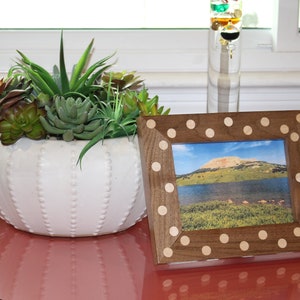 May include: A brown picture frame with white polka dots surrounds a photograph of a lake and mountain landscape. The frame is sitting on a red table next to a white planter with a succulent plant arrangement.
