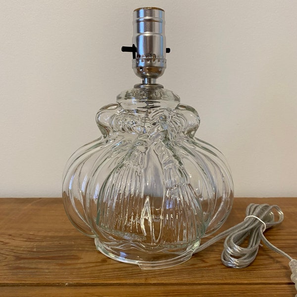 Clear Pressed Glass Melon Lamp Base With Raised Tassel Accents Shade Clip Made in USA Rewired 1940's