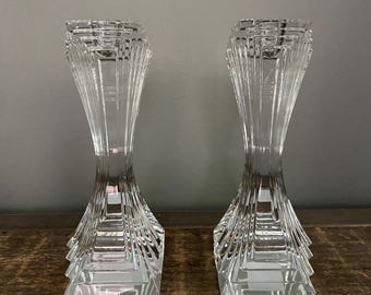 Mikasa Skyline City Lights Candle Holders Lead Crystal 7" Set of TWO  Art Deco