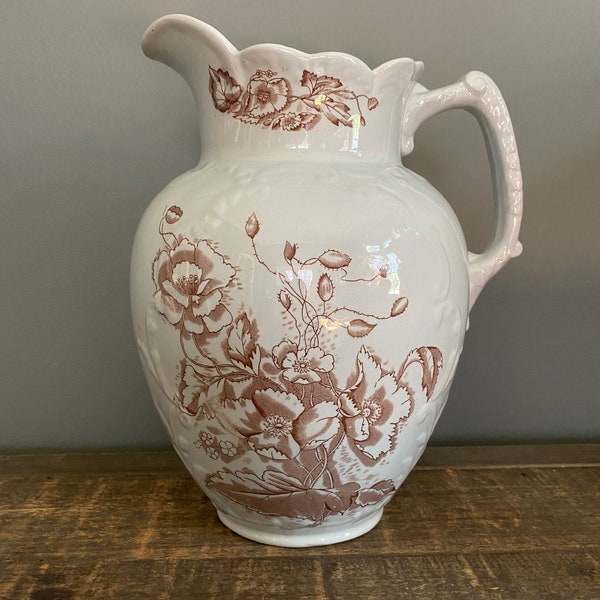 Brown Transferware Floral Ironstone Pitcher Very Large 'Poppy DR' Made in England Statement Piece For Any Collector!