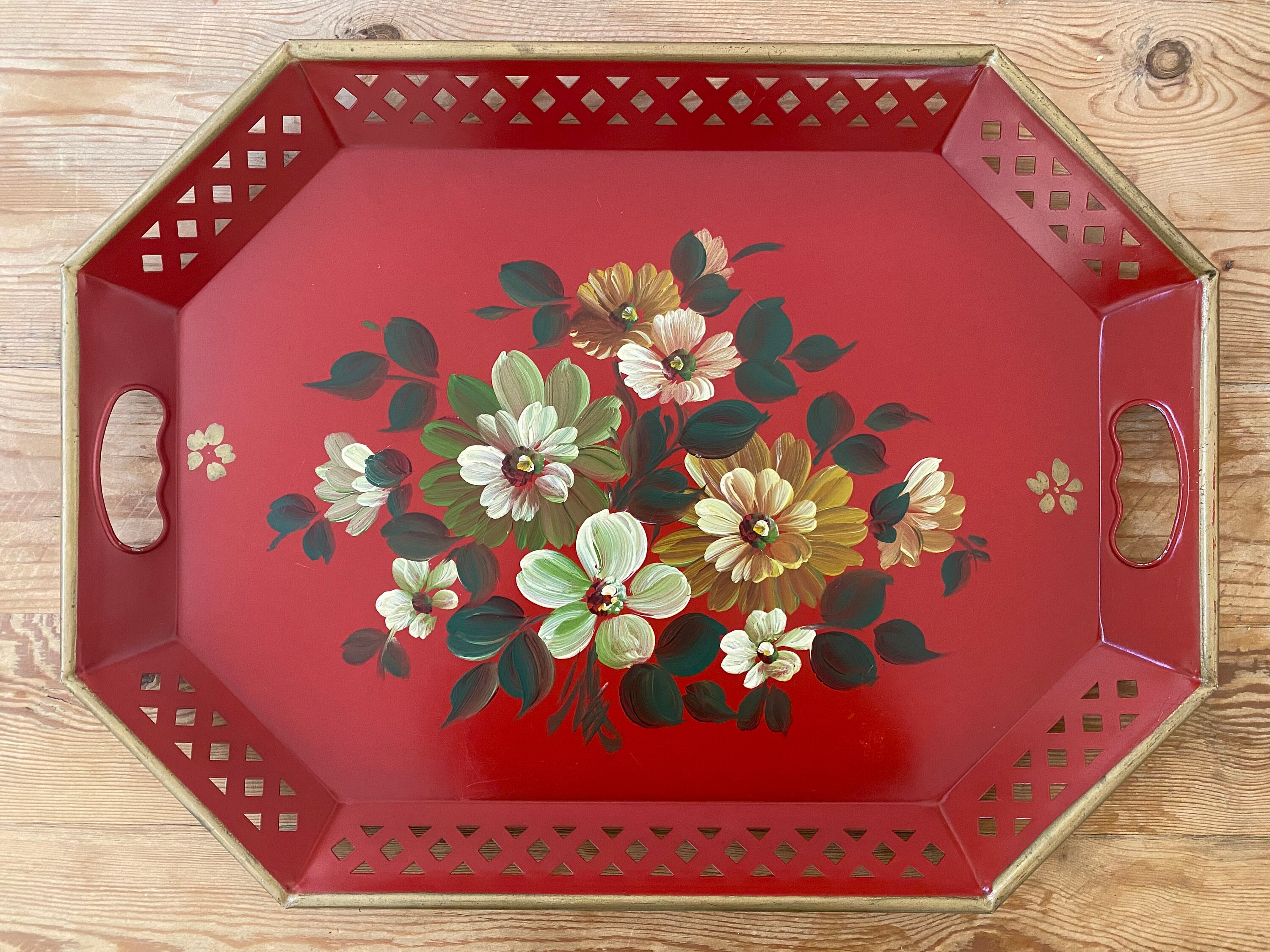 Tole Metal Folk Art Tray Hand Painted Floral E. T. Nash Company