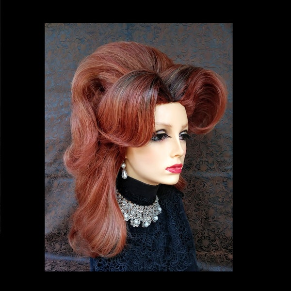 Clearance Sale - Drag Cabaret Wig (W9226) Standard Wig Cap, Long Bouffant, Dark Rooted Dark Brown with Auburn Mix, Swoop Bang, Theatrical