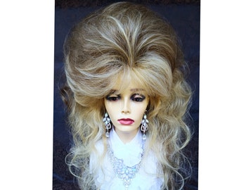 Dramatic Long Drag Queen Bouffant, Mixed Golden Brown and Blondes, Styled Banged Drag Wig, Hard Front, Drag Pageant, Drag Hostess, Cosplay