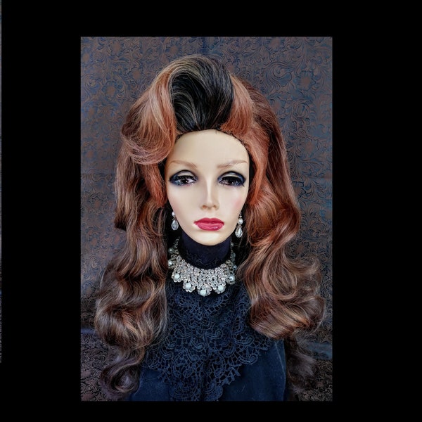 Drag Cabaret Wig (W9220) Standard Wig Cap, Long Bouffant, Dark Rooted Chestnut Brown with Auburn, Swoop Bang, Theatrical