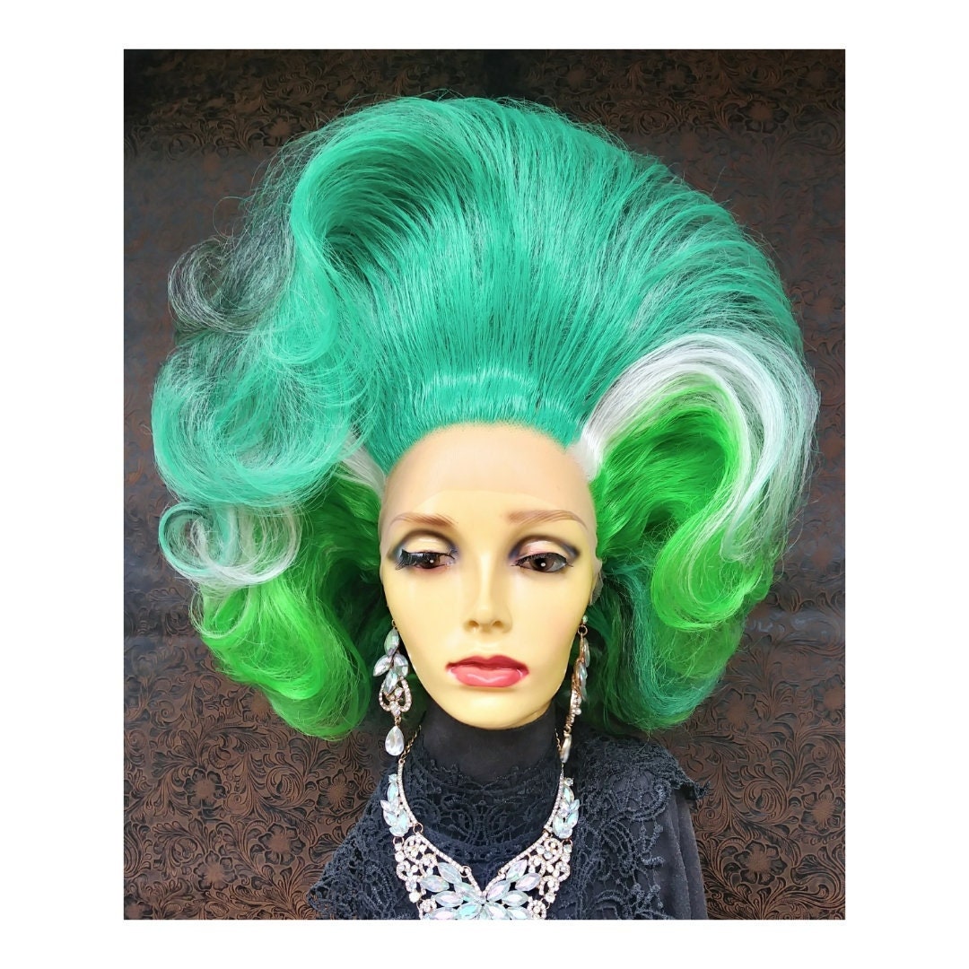 Dramatic Drag Queen Bouffant, Mixed Greens with White and Black Colors, Styled Drag Wig, Lacefront, St Patrick's Drag Wig, Drag Hostess Wig