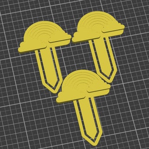 Op de afbeelding: Drie gele plastic bladwijzers in de vorm van een potlood met een regenboog- en wolkontwerp. De bladwijzers zijn puntig.