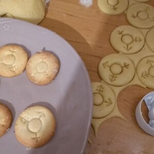 Puede incluir: Un plato de galletas horneadas con un símbolo de un círculo con una flecha apuntando hacia la derecha y la izquierda, y una flecha apuntando hacia arriba y hacia abajo. Las galletas están en un plato morado claro. Hay más galletas en una superficie de madera con el mismo símbolo.