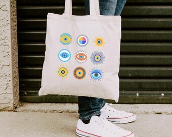 Evil Eye Grid Tote Bag | Boho Cotton Canvas, Spiritual Protection