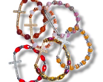 Rhinestone Cross Stretch Bracelet: Gold, Silver, Gemstone
