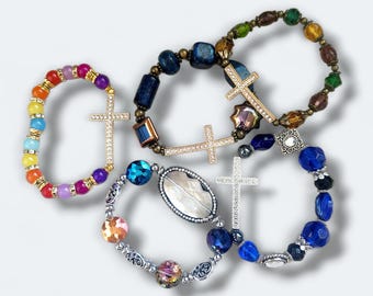 Rhinestone Cross Stretch Bracelets: Gold, Silver, Gemstone