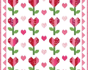 Quiltpatroon 'Love Blooms' van Pastry Shop Quilts | Hartquiltpatroon | Valentijnsquilt met bloemen | Riley Blake Designs | Printpatroon