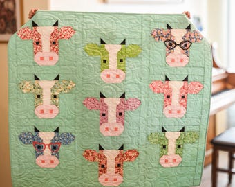 Custom Cow Patchwork Quilt, Farmhouse Nursery Blanket, Personalized Baby Throw