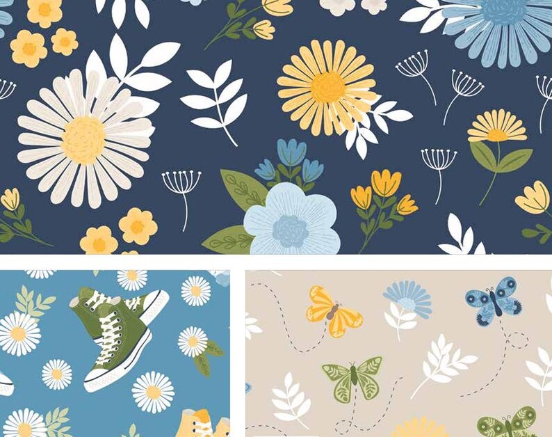 Op de afbeelding: Een collage van drie patronen: een donkerblauwe achtergrond met witte, gele en lichtblauwe bloemen en bladeren; een middenblauwe achtergrond met witte madeliefjes en groene hoge sneakers; en een beige achtergrond met vlinders en bloemen.