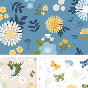 Op de afbeelding: Een collage van drie patronen: een blauwe achtergrond met gele en witte madeliefjes en donkere bladeren, een beige achtergrond met witte madeliefjes en groene hoge sneakers, en een witte achtergrond met kleurrijke vlinders en kleine bloemen.