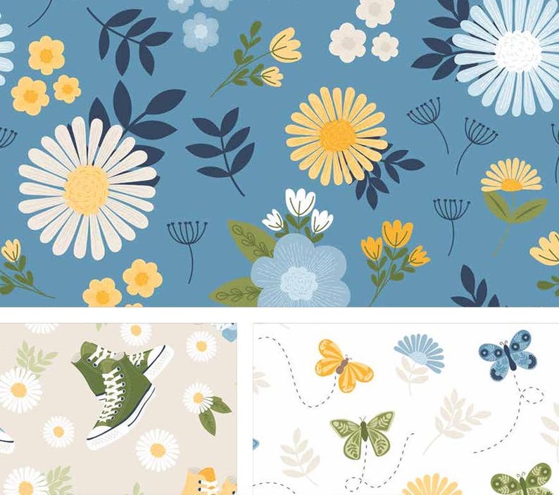Op de afbeelding: Een collage van drie patronen: een blauwe achtergrond met gele en witte madeliefjes en donkere bladeren, een beige achtergrond met witte madeliefjes en groene hoge sneakers, en een witte achtergrond met kleurrijke vlinders en kleine bloemen.