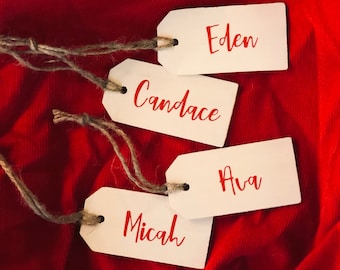 Personalized Wood Tags for Holiday Stockings, Gifts, Weddings and more; Various colors and fonts available