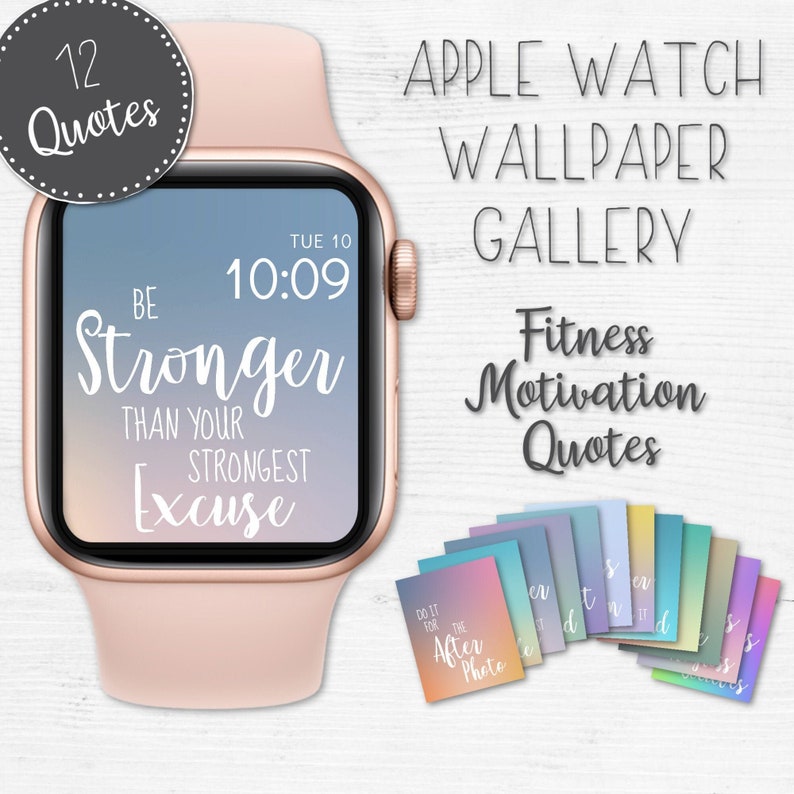 K&ouml;nnte beinhalten: Eine rosafarbene Apple Watch mit einem Motivationszitat, das lautet "Sei st&auml;rker als deine st&auml;rkste Ausrede". Das Zifferblatt der Uhr ist ein Farbverlauf von Rosa zu Blau. Die Uhr ist von 12 bunten Karten mit Motivationszitaten f&uuml;r Fitness umgeben.