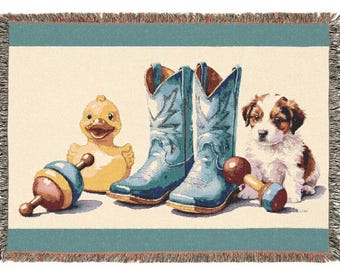Woven Blanket Cute Baby Blanket Cowboy Boots and Puppy, Nursery Decor, Gender Neutral Baby Gift, Baby Shower Gift, Newborn Gift, Photo Prop