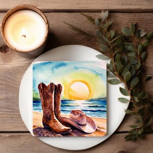 Beach Cowboy Boots & Hat Ceramic Coaster