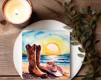Beach Cowboy Boots & Hat Ceramic Coaster