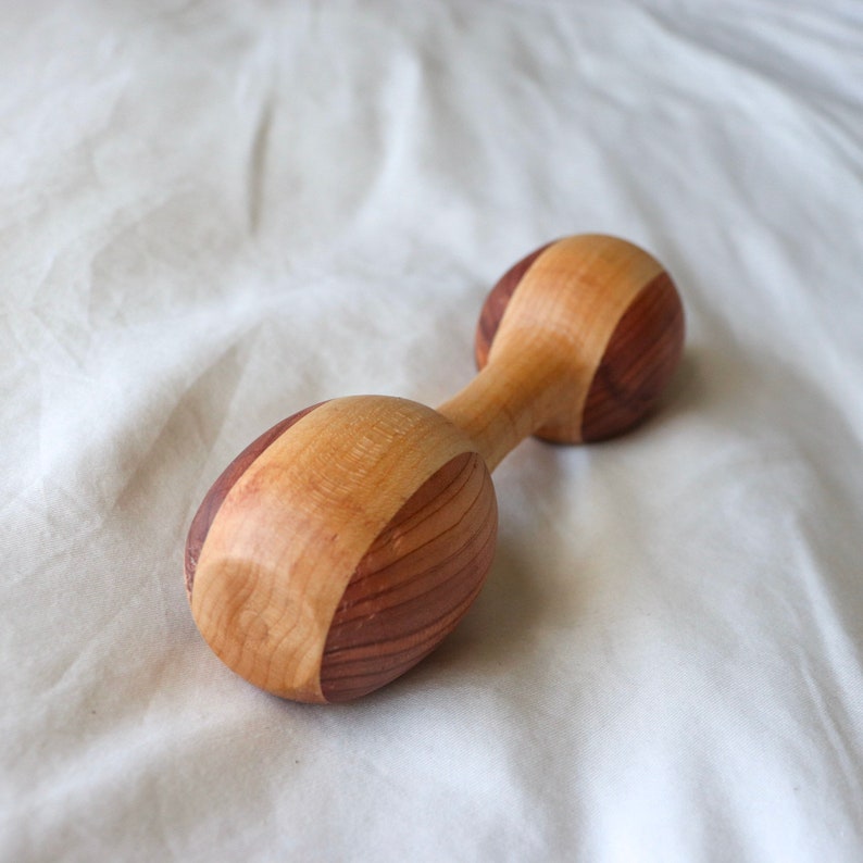 Hand Turned Baby Rattle Maple With Cedar Spotted Ends Natural Hardwood Montessori Toy