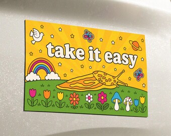 Retro "Take It Easy" Bumper Magnet – Groovy Slug & Flowers Car Decal