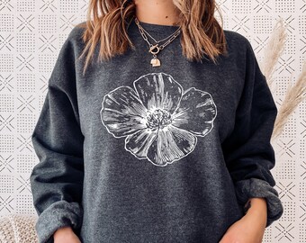 Poppy Sweatshirt, California Poppy Shirt, Flower Sweatshirt, Botanical Sweatshirt, Flower lover gifts Flowers Flower Gift, Gardening sweater