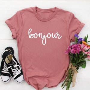 Bonjour-Hemd, Hallo Hemd, Bonjour-T-Shirt, Frankreich-Hemd, französisches Hemd, schickes Paris-Hemd, französisches Sprachgeschenk Hallo auf französisch, Paris-T-Shirt