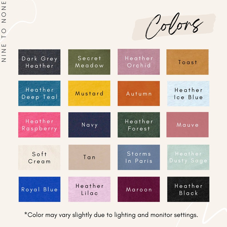 May include: A color chart with 16 different colors, including Heather Raspberry, Heather Lilac, Heather Orchid, Heather Forest, Heather Dusty Sage, Heather Black, Heather Ice Blue, Heather Deep Teal, and Heather Grey. The colors are arranged in a grid of four rows and four columns. The text "Colors" is at the top of the chart.