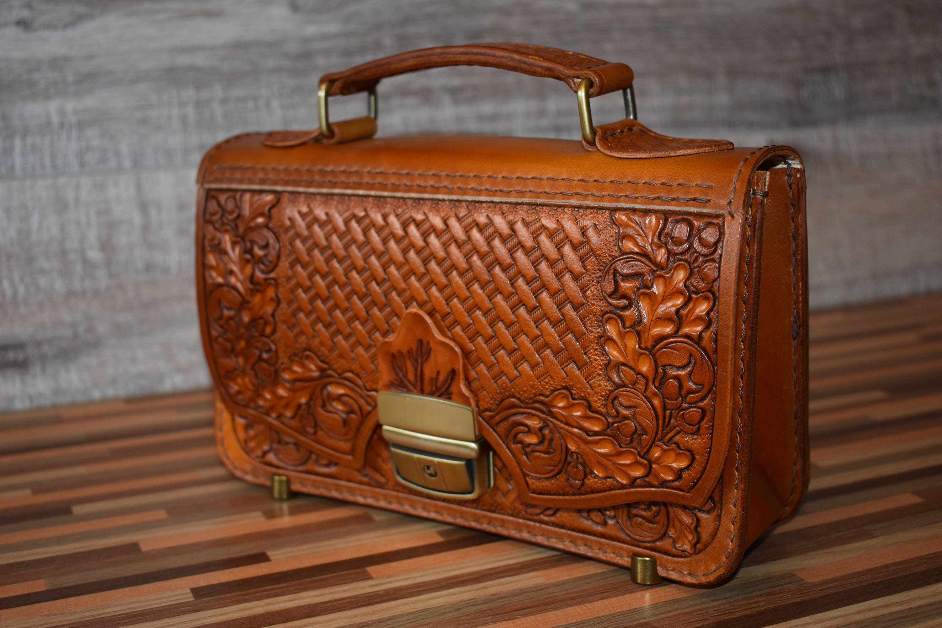 tooled leather tote