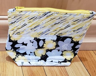 hand made zipper pouch yellow, black gray and white