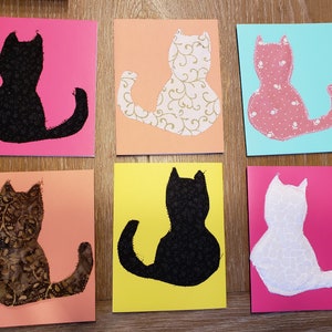 6 Assorted Colorful Cat cards, handmade