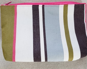 Catalan striped fabric zipper pouch, hand made grays, browns and white