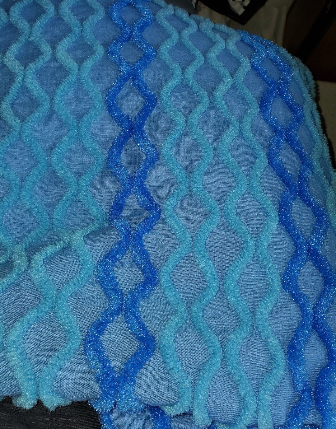 Blue on Blue Chenille Bedspread With Fringe Two Tone Blue Etsy
