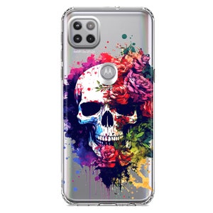 For Motorola One 5G Fantasy Skull Red Purple Roses Design Hybrid Protective Phone Case Cover
