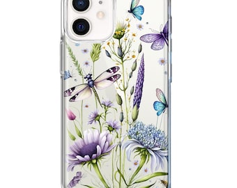 For Apple iPhone 11 Lavender Dragonfly Butterflies Spring Flowers Design Hybrid Protective Phone Case Cover