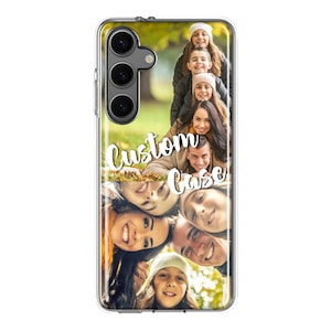 May include: Clear phone case featuring a custom photo collage of a family. The case has the words "Custom Case" in a white script font. The phone's camera is visible on the upper left.
