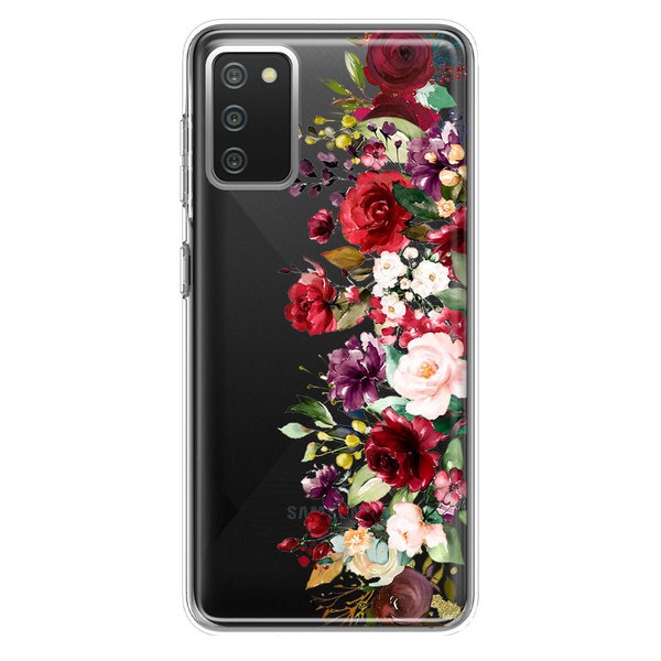 For Samsung Galaxy A02S Red Summer Watercolor Floral Bouquets Ruby Flowers Design Hybrid Protective Phone Case Cover