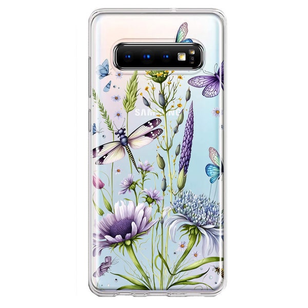 For Samsung Galaxy S10 Lavender Dragonfly Butterflies Spring Flowers Design Hybrid Protective Phone Case Cover