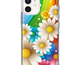 For Apple iPhone 11 Colorful Rainbow Daisies Blue Pink White Green Double Layer Phone Case Cover