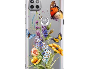 For Motorola One 5G Ace Yellow Purple Spring Flowers Butterflies Floral Hybrid Protective Phone Case Cover