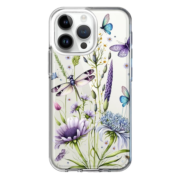 For Apple iPhone 14 Pro Max Lavender Dragonfly Butterflies Spring Flowers Design Hybrid Protective Phone Case Cover