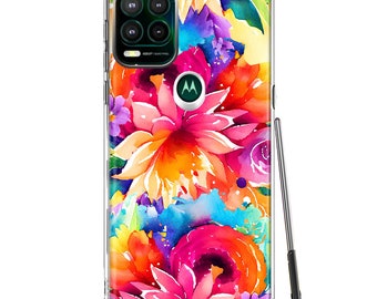 For Motorola Moto G Stylus 5G Watercolor Paint Summer Rainbow Flowers Bouquet Bloom Floral Design Hybrid Protective Phone Case Cover