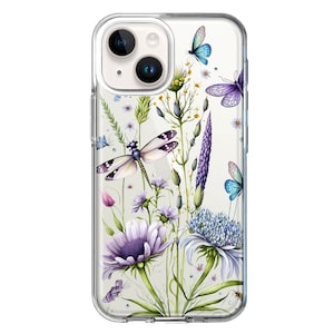 For Apple iPhone 14 Lavender Dragonfly Butterflies Spring Flowers Design Hybrid Protective Phone Case Cover