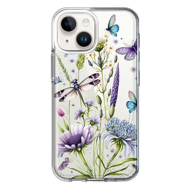 For Apple iPhone 14 Lavender Dragonfly Butterflies Spring Flowers Design Hybrid Protective Phone Case Cover