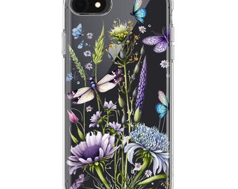 For Apple iPhone 6/7/8/SE 2020/SE 3 2022 Lavender Dragonfly Butterflies Spring Flowers Design Hybrid Protective Phone Case Cover